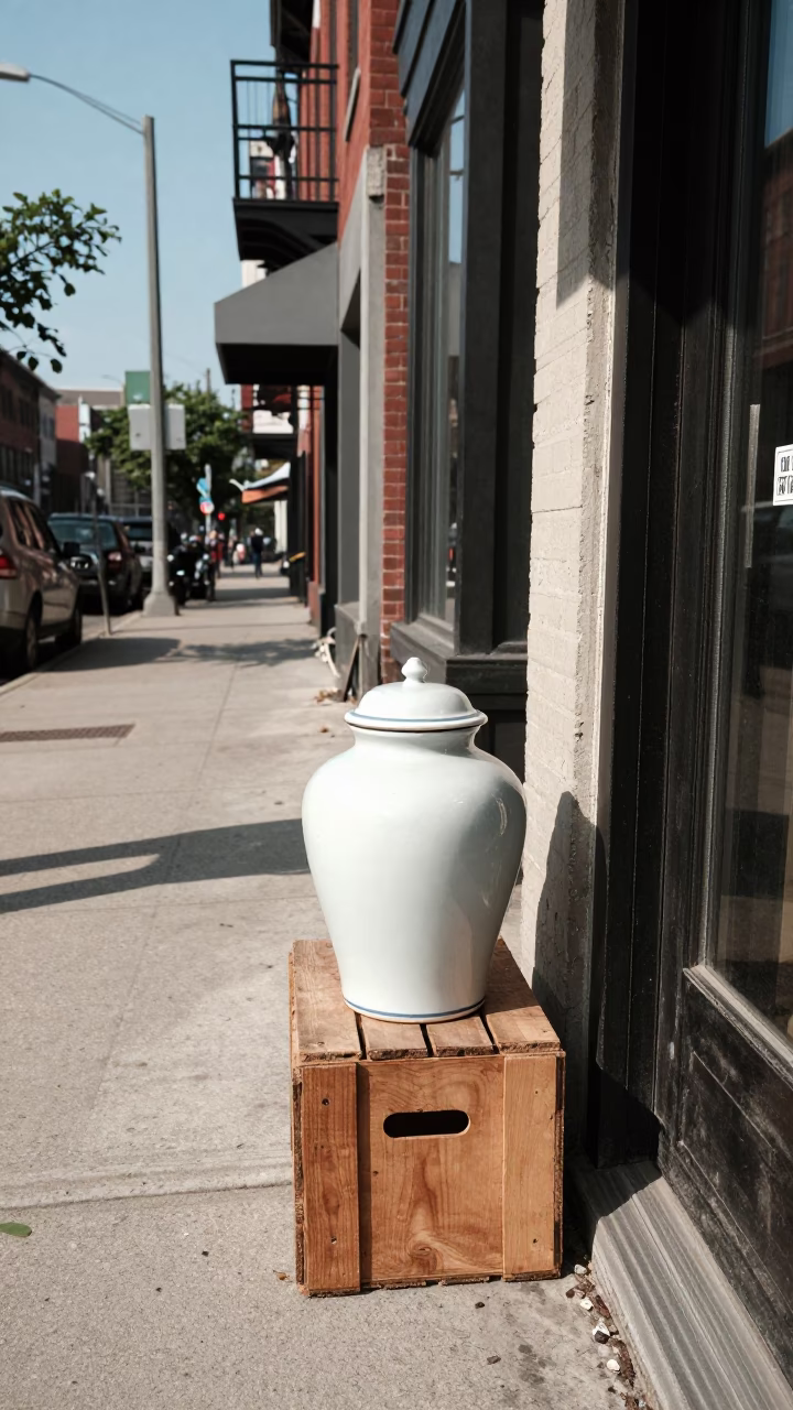 Vintage 1960s Toronto Street Scene with Porcelain Jar and Rattan Chair in in Toronto, Ontario, Canada