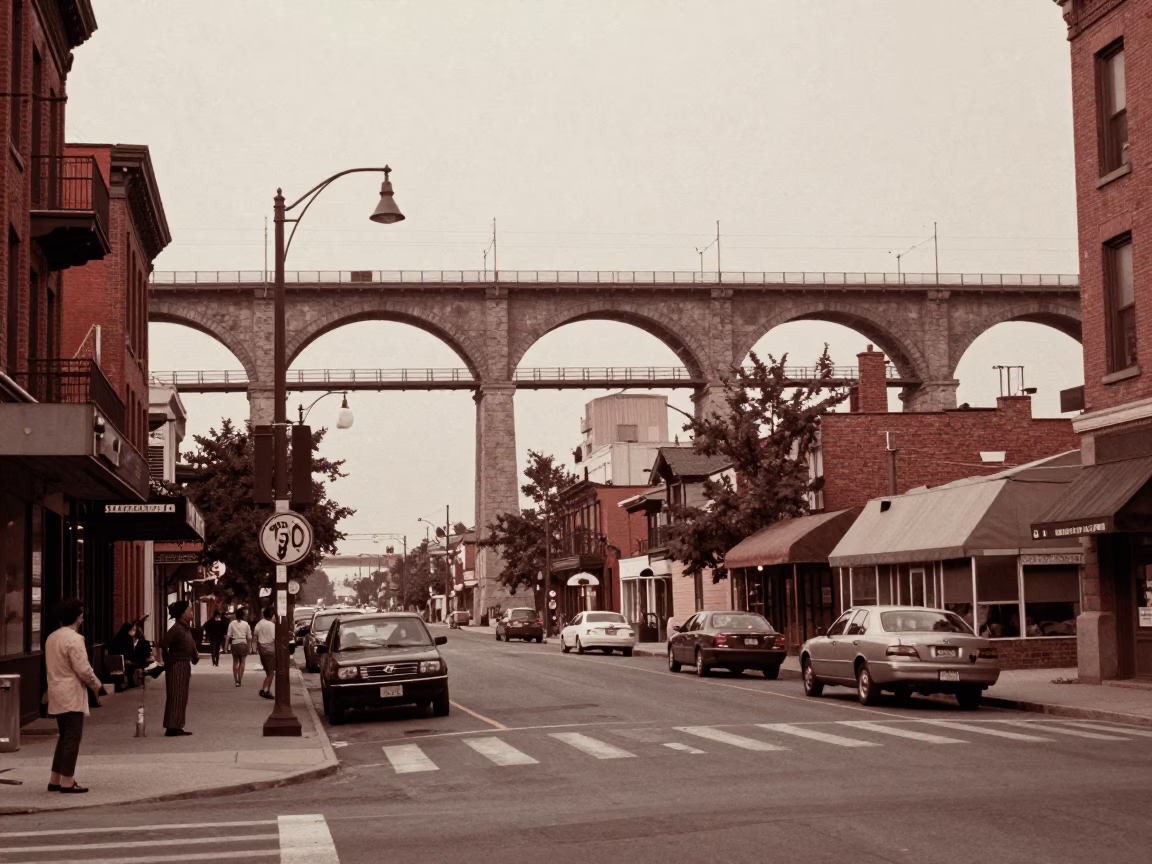 Vintage 1960s Toronto Street Scene with Railway Viaduct and Copper Dusk Light in in Toronto, Ontario, Canada