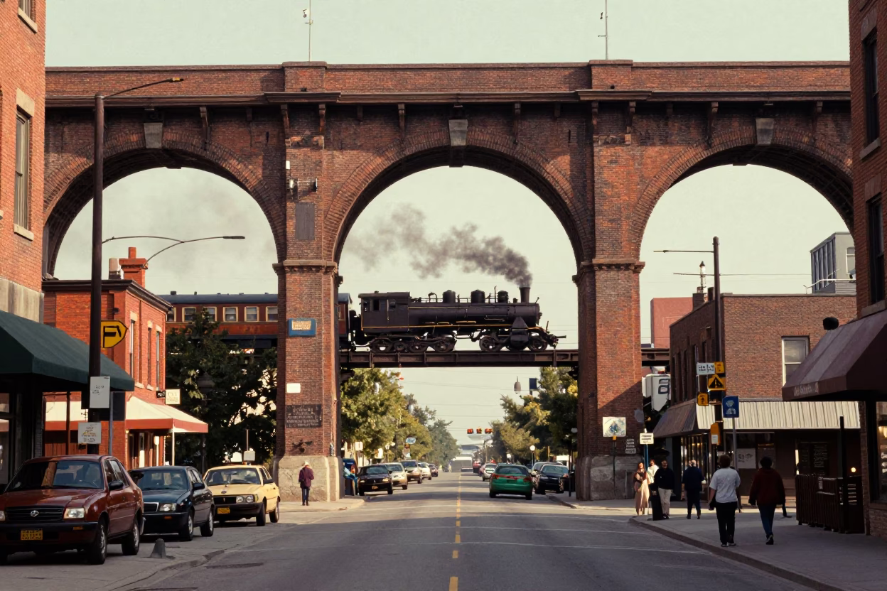 Vintage 1960s Toronto Street Scene with Railway Viaduct and Passing Train in in Toronto, Ontario, Canada