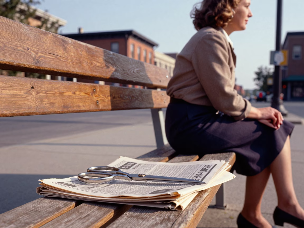 Vintage 1960s Toronto Street Scene with Sewing Scissors on Park Bench in in Toronto, Ontario, Canada