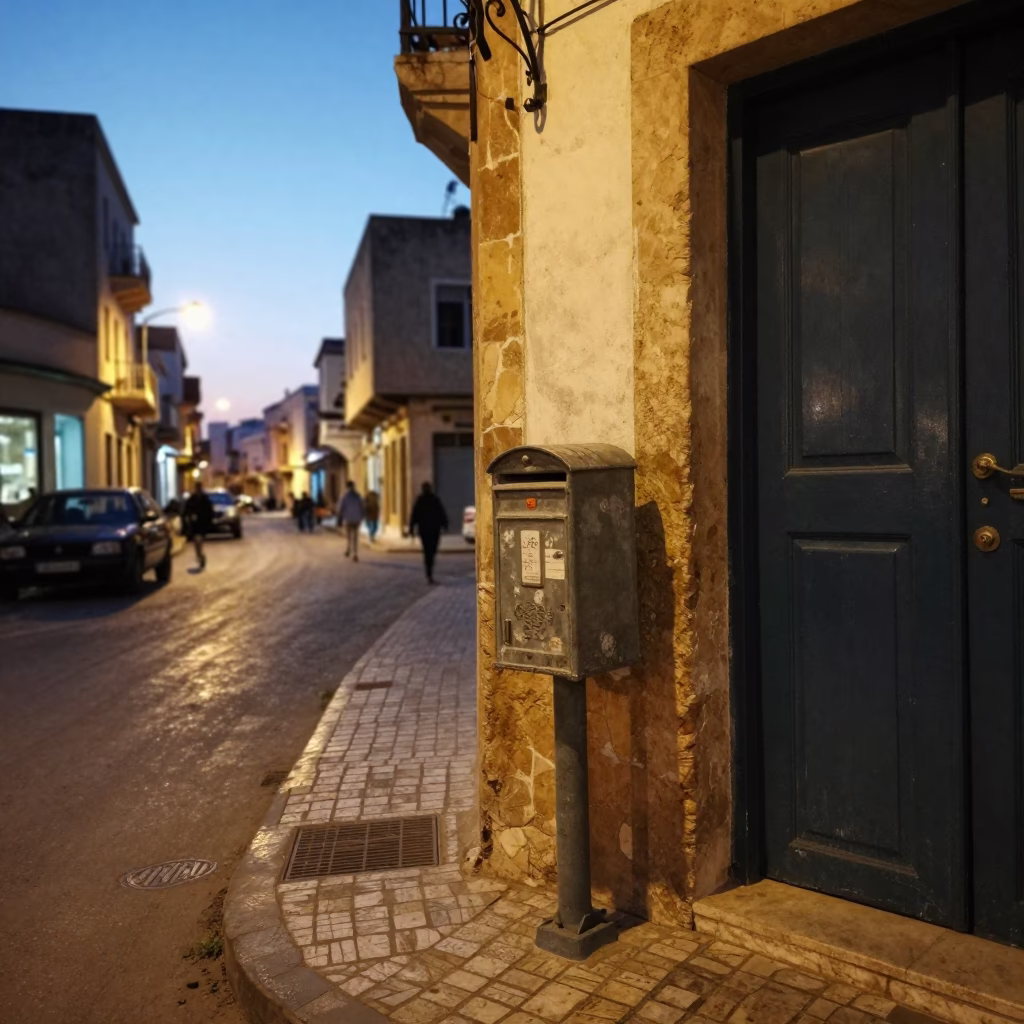 Vintage 1960s Tunis Street Scene at Dusk with Mailbox and Glass Tumblers in in Tunis, Tunisia