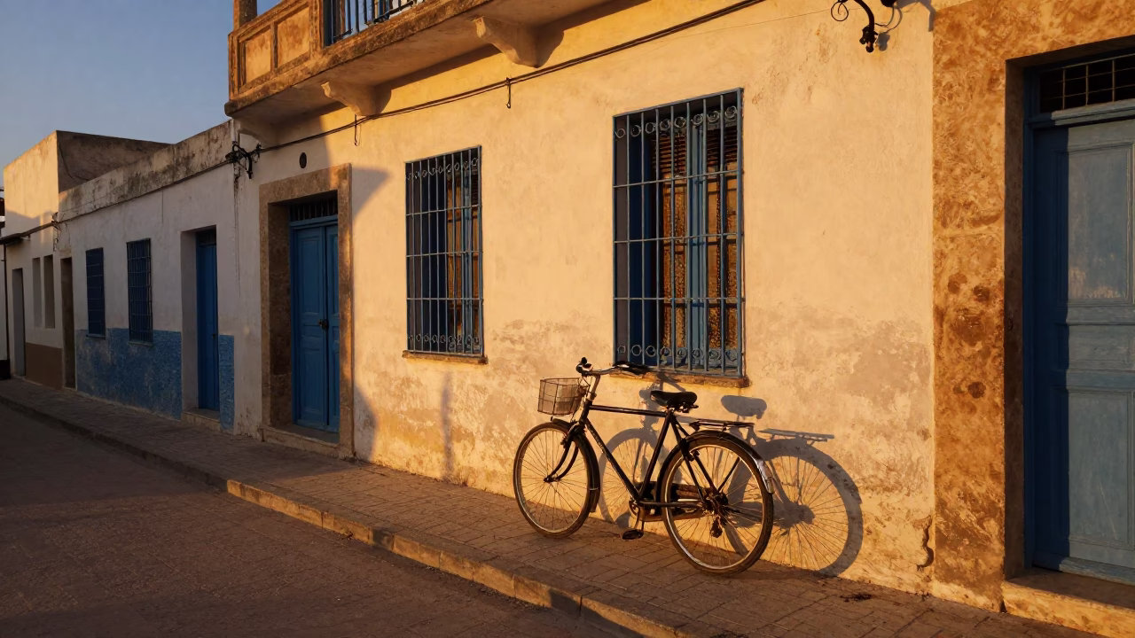 Vintage 1960s Tunis Street Scene at Sunset with Bicycle and Local Market Details in in Tunis, Tunisia