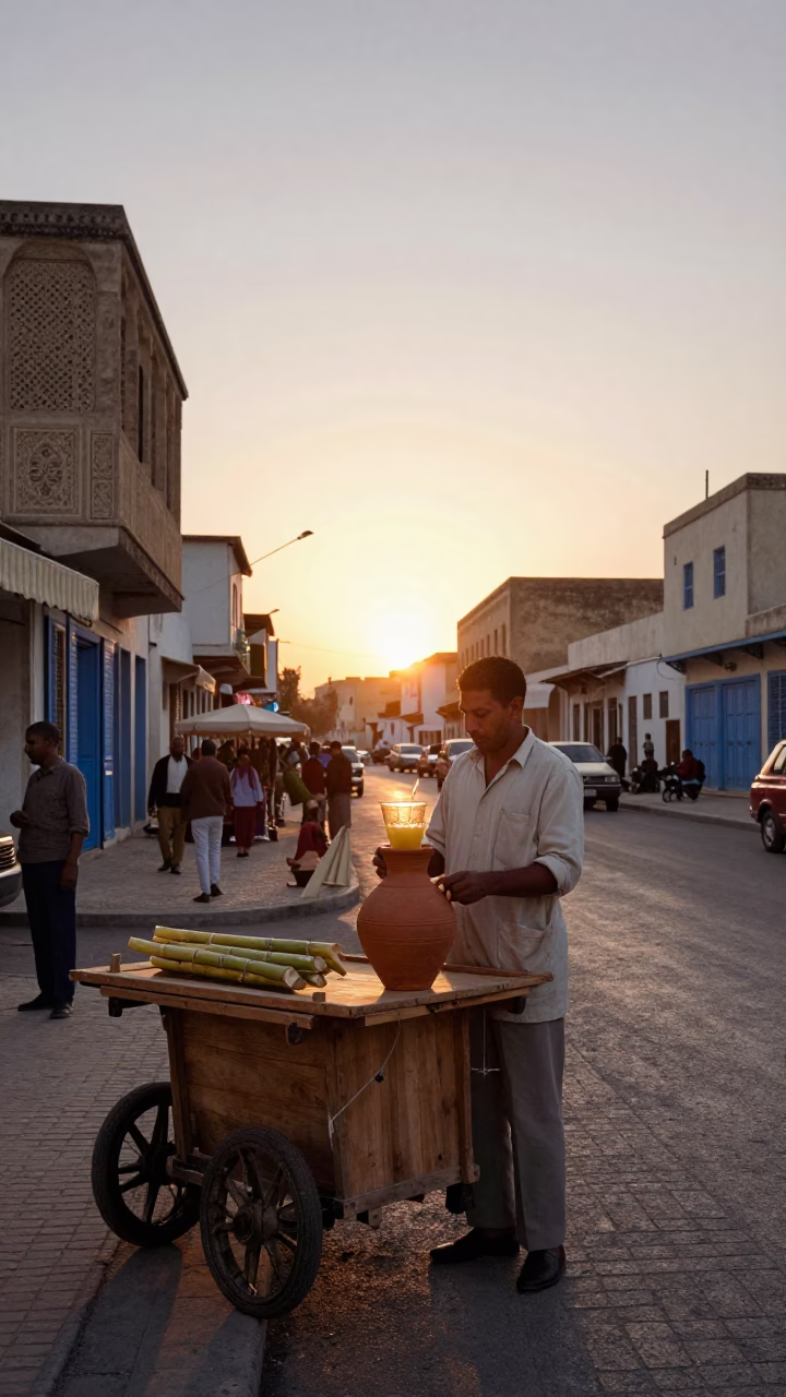 Vintage 1960s Tunis Street Scene at Sunset with Local Vendor and Clay Pot in in Tunis, Tunisia