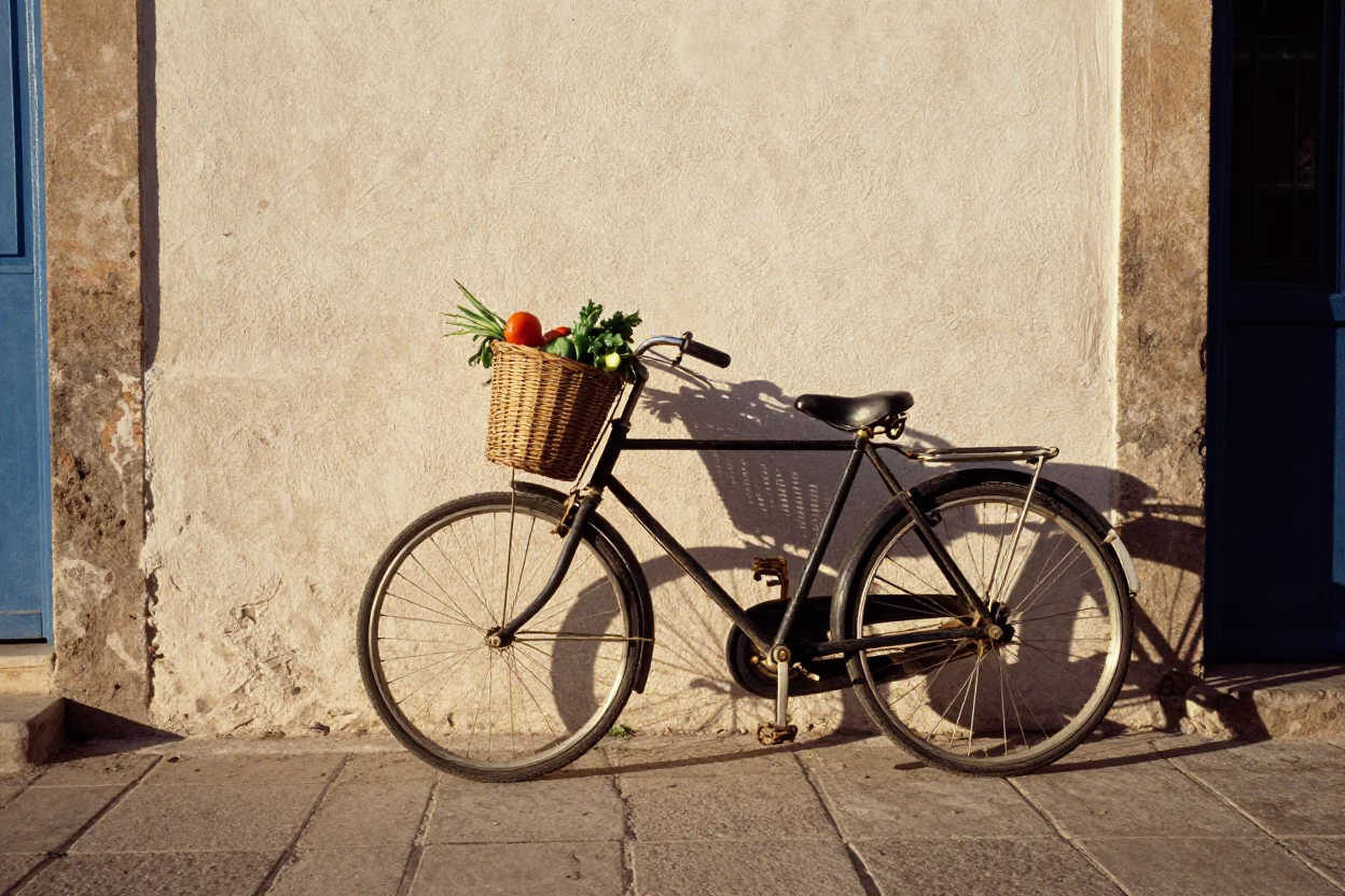 Vintage 1960s Tunis Street Scene with Bicycle Basket and Kibbeh Plate in in Tunis, Tunisia