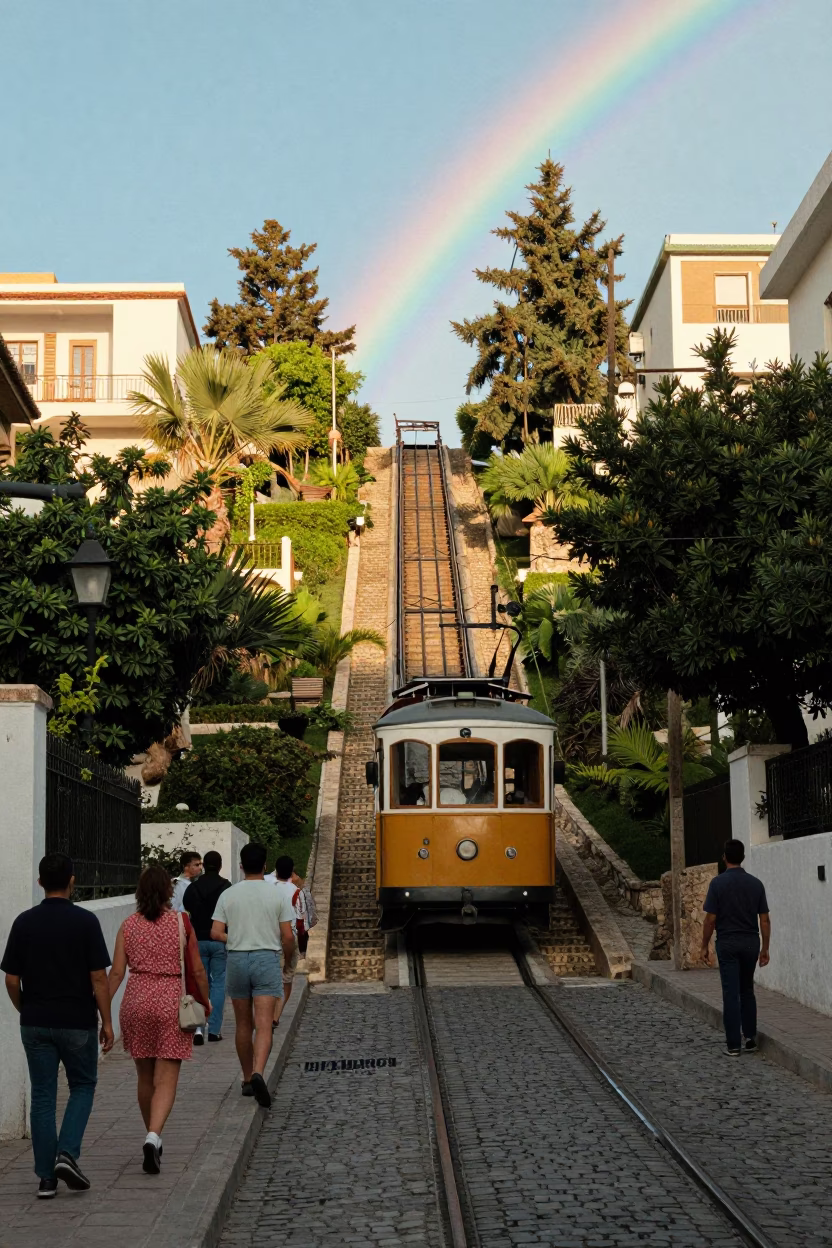 Vintage 1960s Tunis Street Scene with Funicular and Rainbow Eucalyptus in Late Afternoon Light in in Tunis, Tunisia