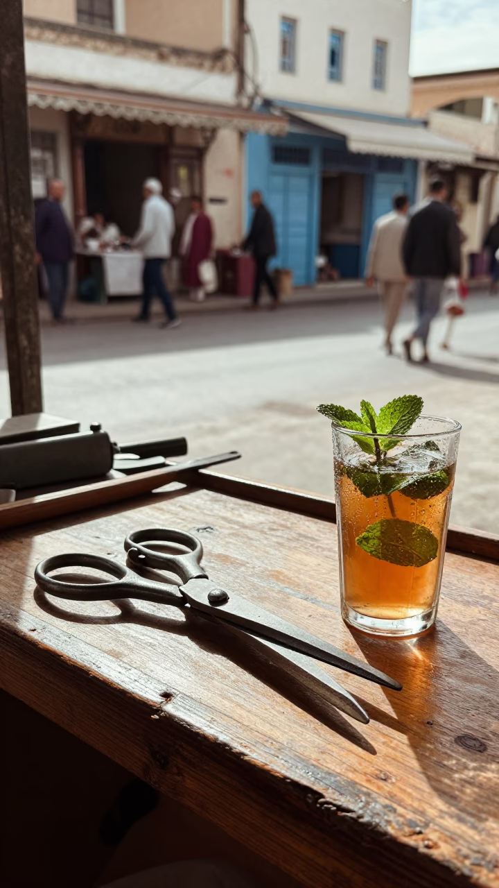 Vintage 1960s Tunis Street Scene with Tailor Shears and Condensation in in Tunis, Tunisia