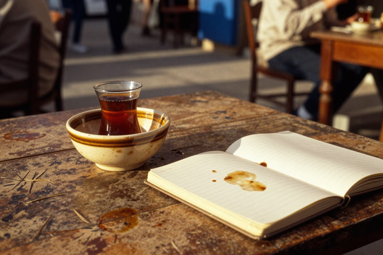 Vintage 1960s Tunisian Cafe Scene with Tea Stains and University Notebooks in in Tunis, Tunisia