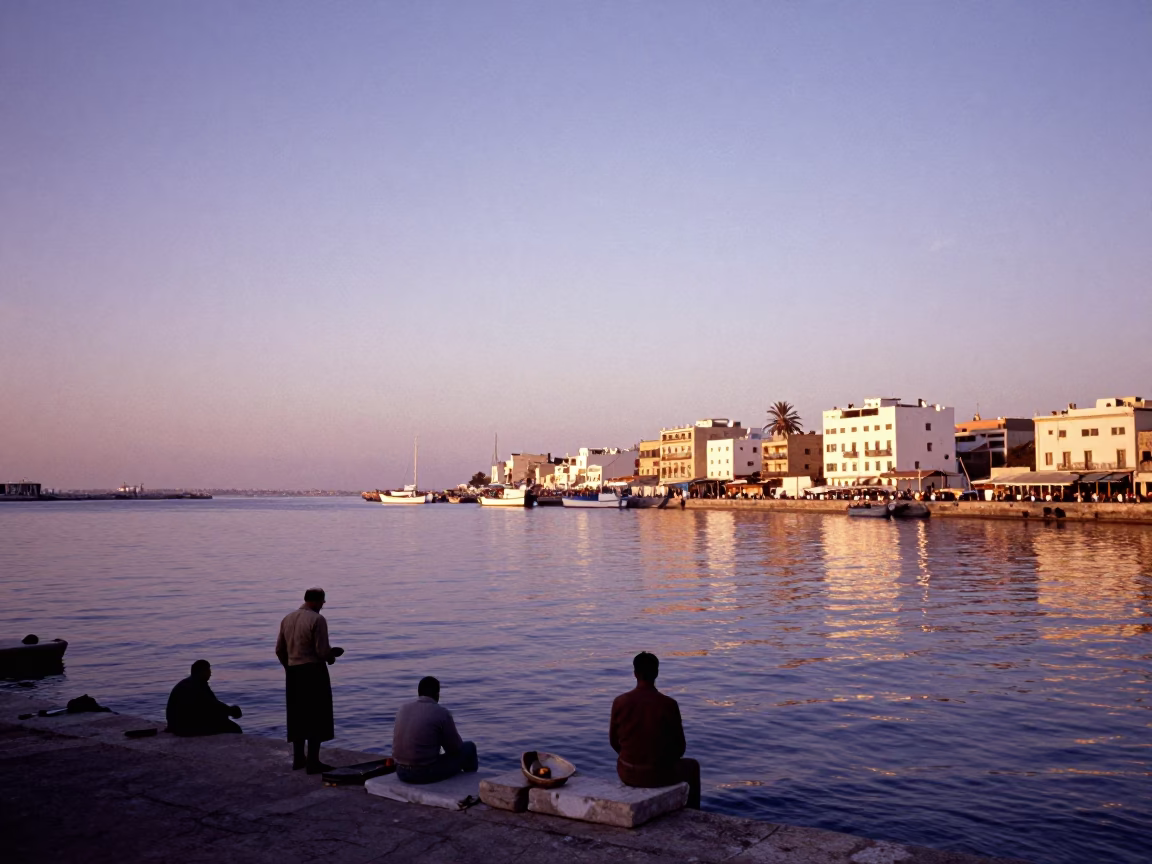 Vintage 1960s Tunisian Harbor Evening Light with Fishermen and Small Boats in in Tunis, Tunisia