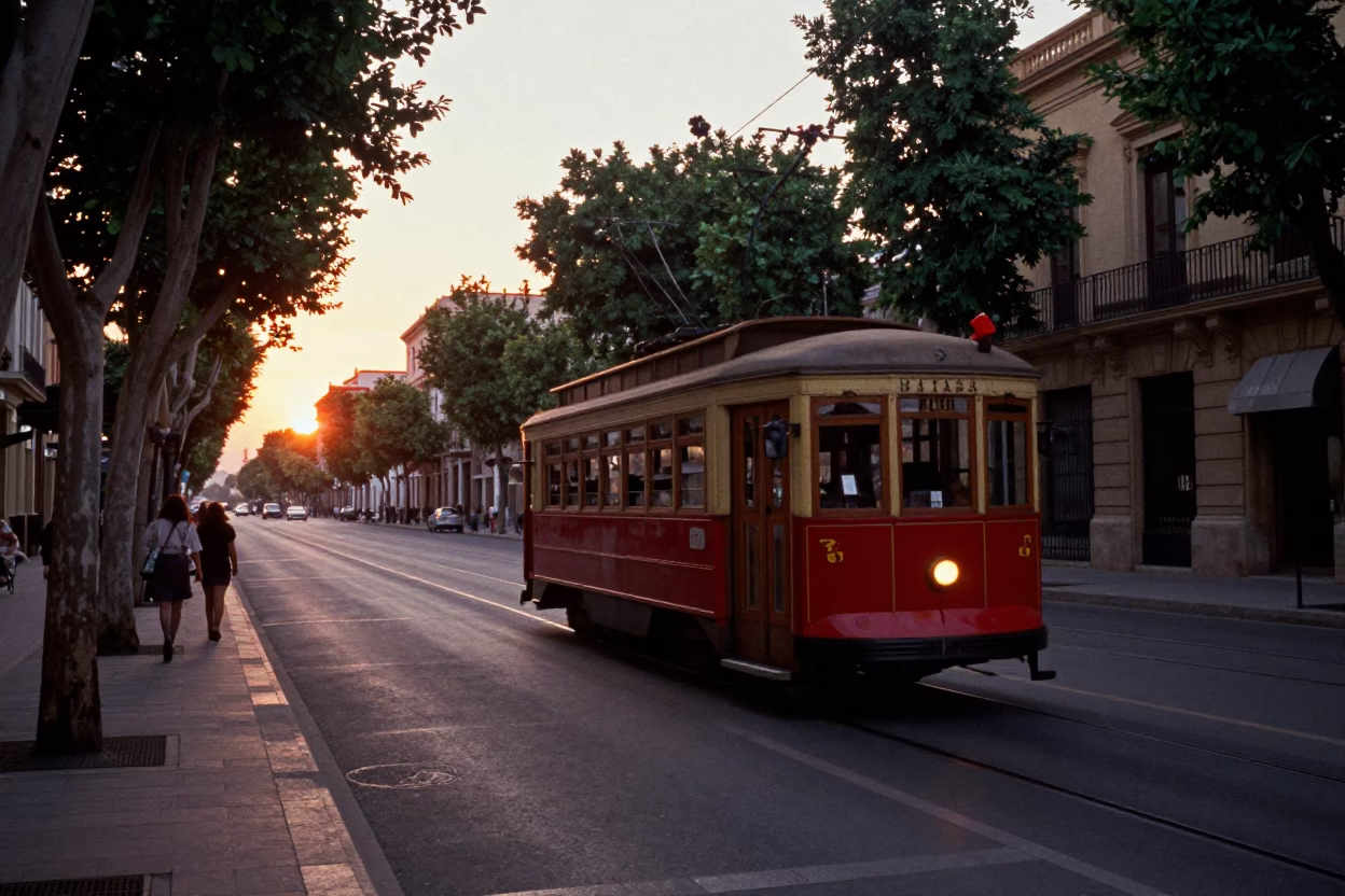 Vintage 1960s Valencia Spain Evening Street Scene with Trolley and Leaf Shadows in in Valencia, Spain