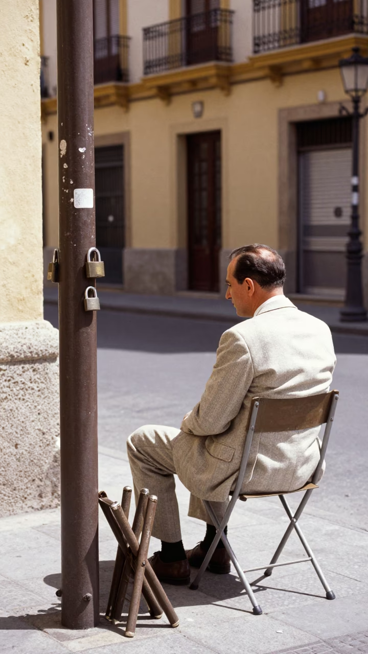 Vintage 1960s Valencia Street Scene with Padlock and Folding Chair in in Valencia, Spain