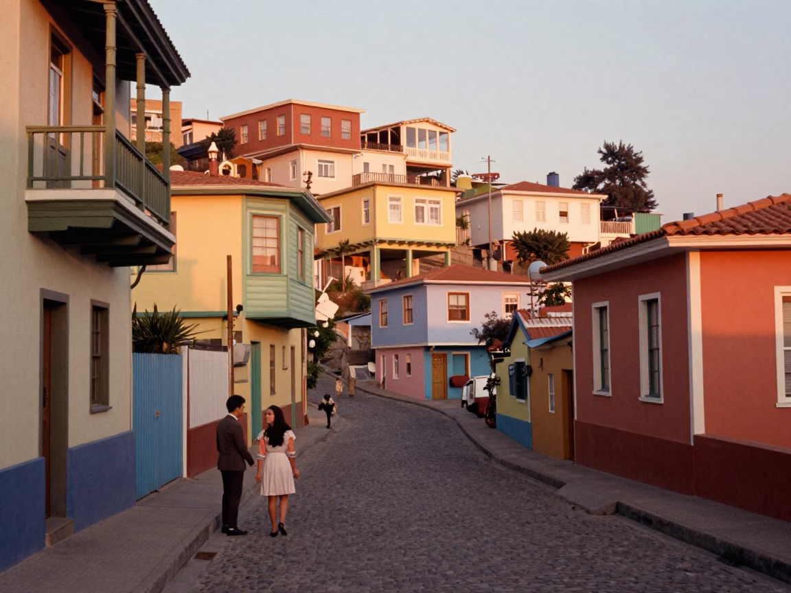 Vintage 1960s Valparaiso Chile street scene with colorful hillside houses and local daily life in in Valparaiso, Chile