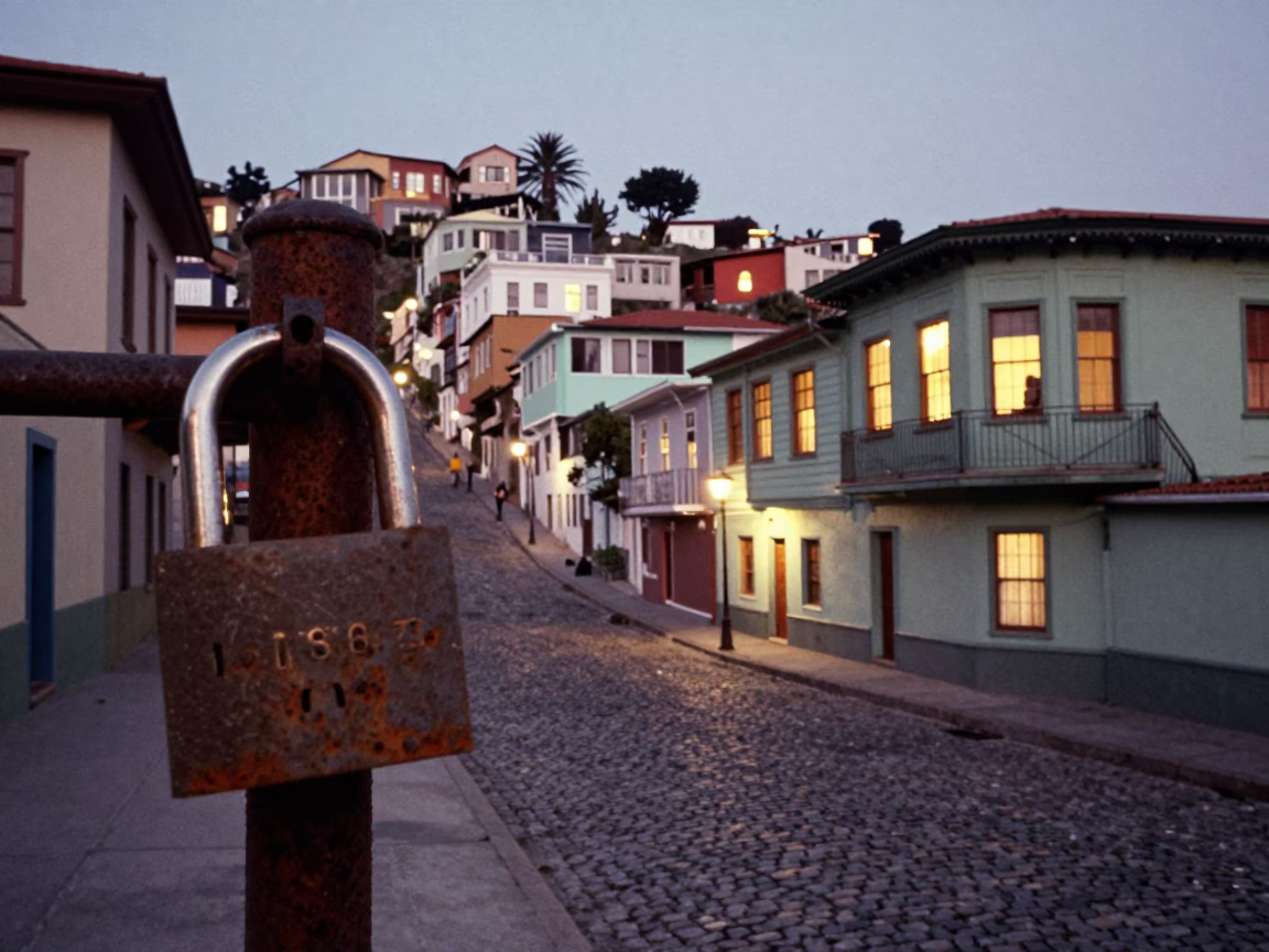 Vintage 1960s Valparaiso Chile Street Scene with Padlock and Rusty Hook Plate at Twilight in in Valparaiso, Chile