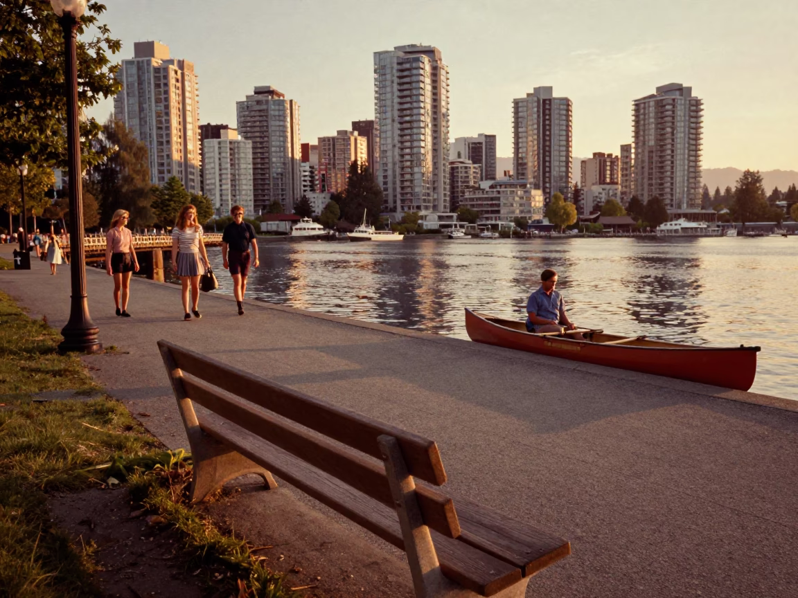 Vintage 1960s Vancouver Evening Street Scene with Canoe on Glassy Lake in Honeyed Light in in Vancouver, British Columbia, Canada