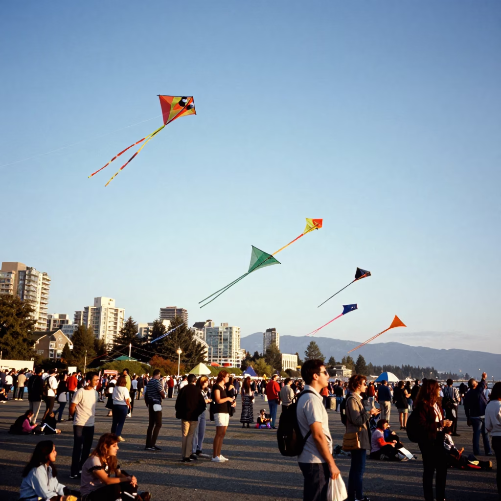 Vintage 1960s Vancouver Kite Festival with Colorful Kites Flying Over English Bay in in Vancouver, British Columbia, Canada