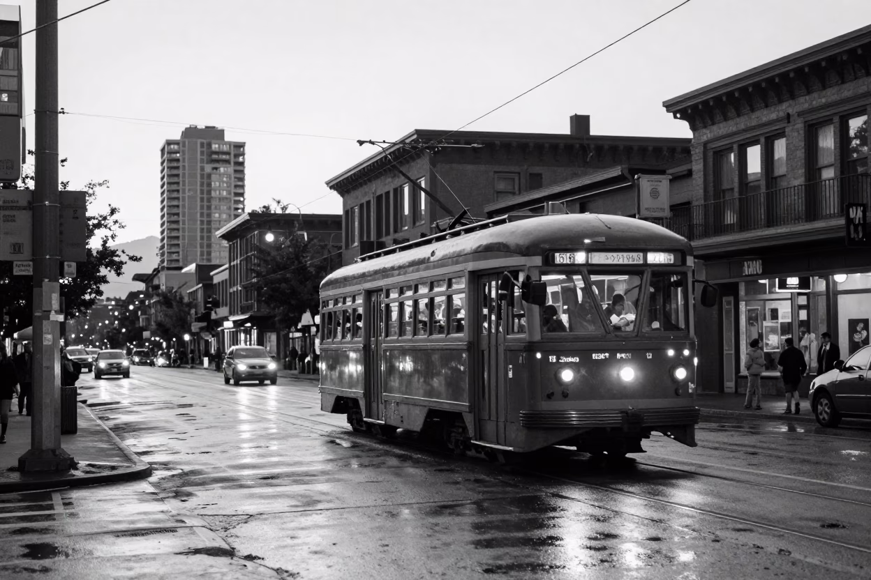 Vintage 1960s Vancouver Street Scene Before Dawn with Heritage Tram and Urban Life in in Vancouver, British Columbia, Canada