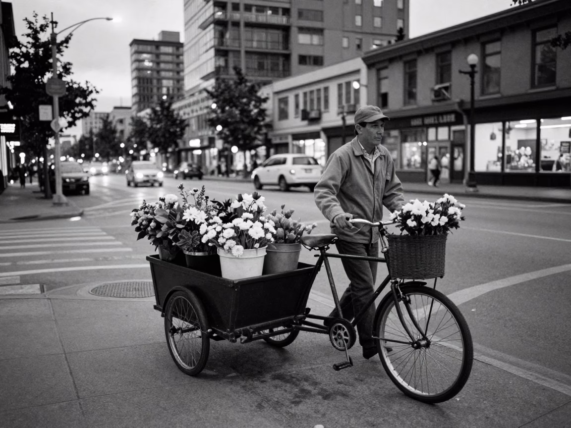 Vintage 1960s Vancouver Street Scene with Cargo Bicycle and Cut Flowers in Predawn Light in in Vancouver, British Columbia, Canada