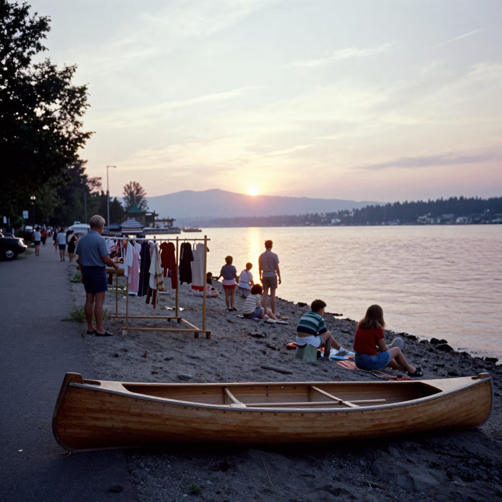 Vintage 1960s Vancouver Street Scene with Drying Rack and Canoe at Sunset in in Vancouver, British Columbia, Canada