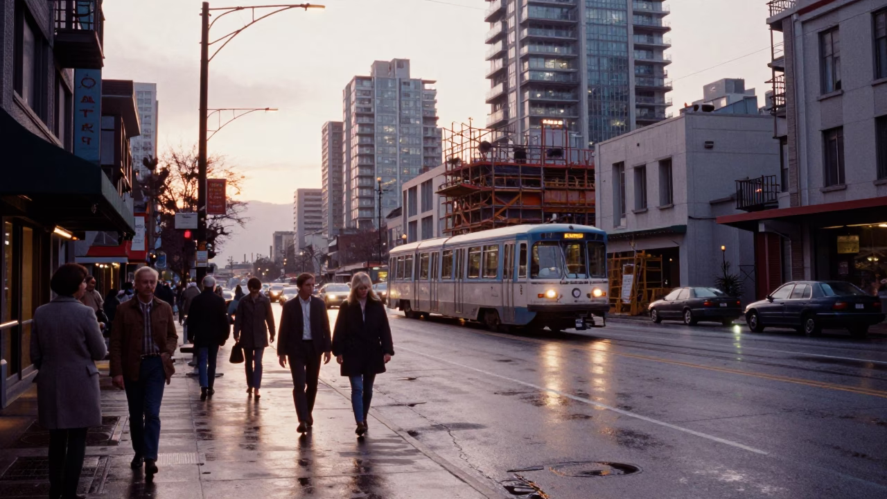 Vintage 1960s Vancouver Street Scene with SkyTrain Construction and Early Morning Light in in Vancouver, British Columbia, Canada