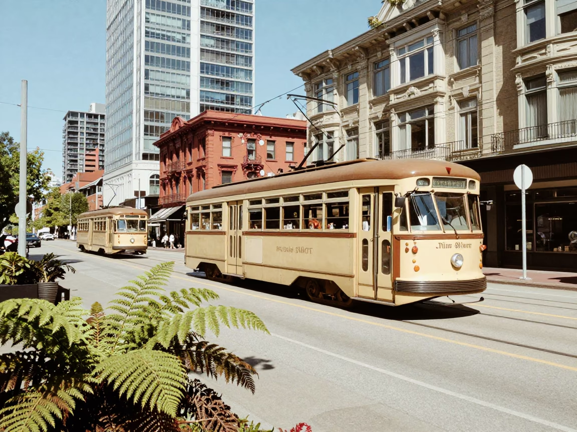 Vintage 1960s Vancouver Street Scene with Tram and Ferns in in Vancouver, British Columbia, Canada