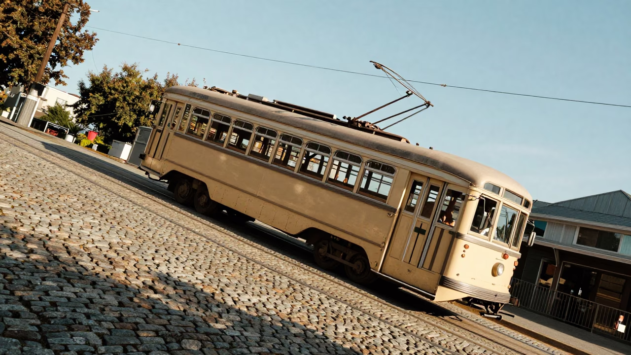 Vintage 1960s Vancouver Tram Climbing Steep Hill in Late Morning Light in in Vancouver, British Columbia, Canada