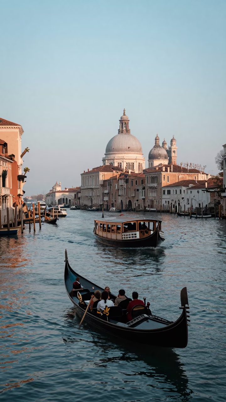 Vintage 1960s Venice Nautical Dawn Gondola Ferrying Passengers Along Canals in in Venice, Italy