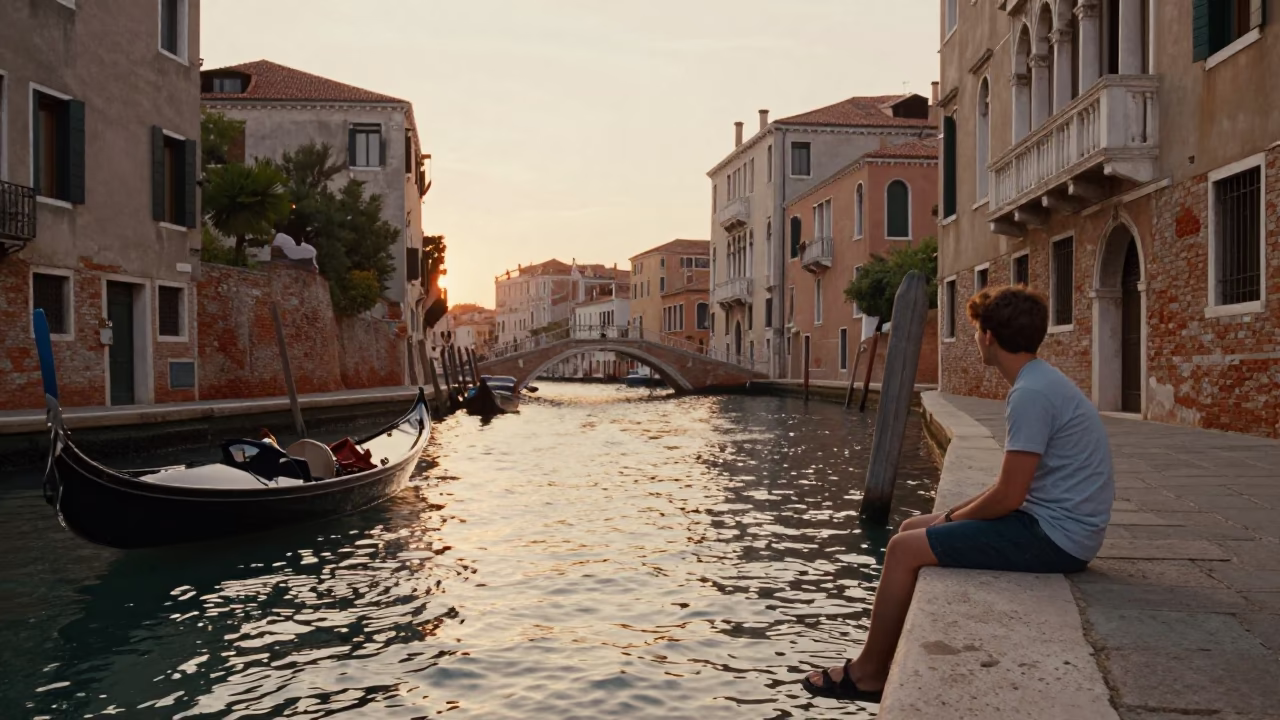 Vintage 1960s Venice Sunset Canal Scene with Tourist Water Bottle in in Venice, Italy