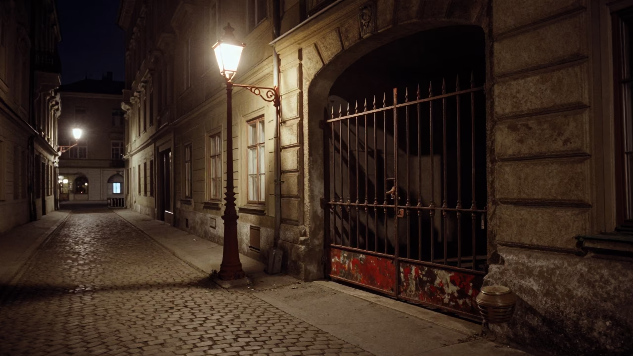 Vintage 1960s Vienna Night Scene with Rusty Lamp and Condensation Latch in in Vienna, Austria