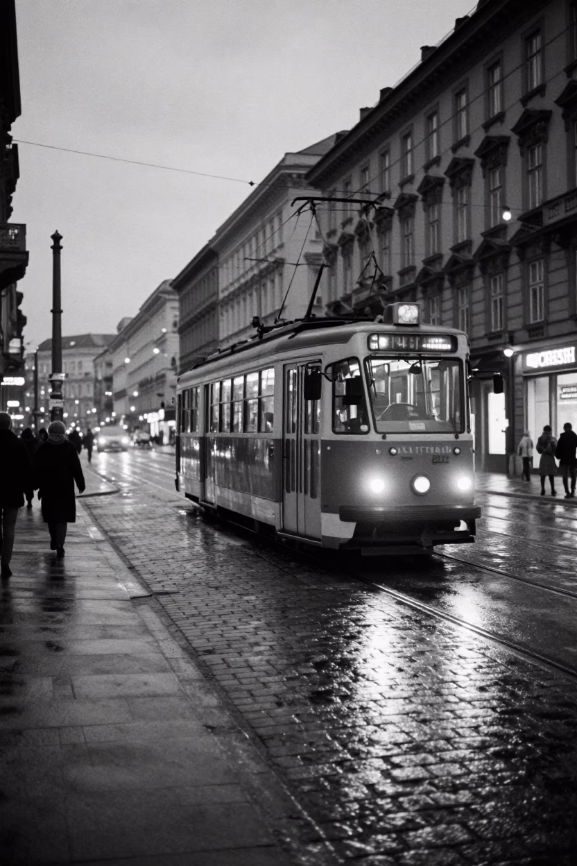 Vintage 1960s Vienna Night Street Scene with Classic Trams and Cobblestone Alleys in in Vienna, Austria