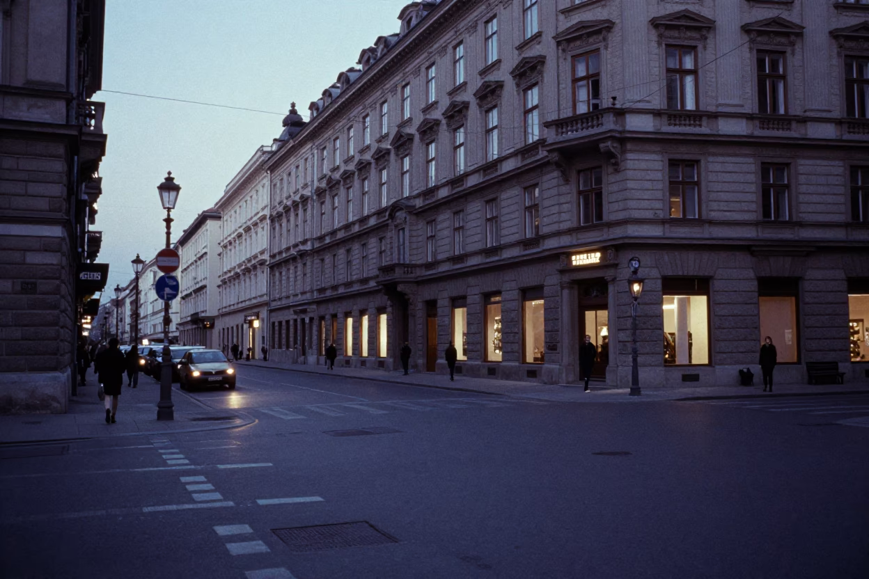 Vintage 1960s Vienna Street Scene Before Sunrise with Local Bakery Window Display in in Vienna, Austria