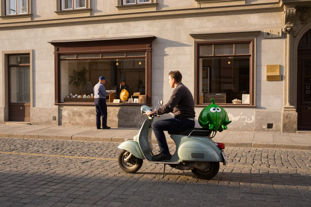 Vintage 1960s Vienna Street Scene with Scooter and Pickle Jar in in Vienna, Austria