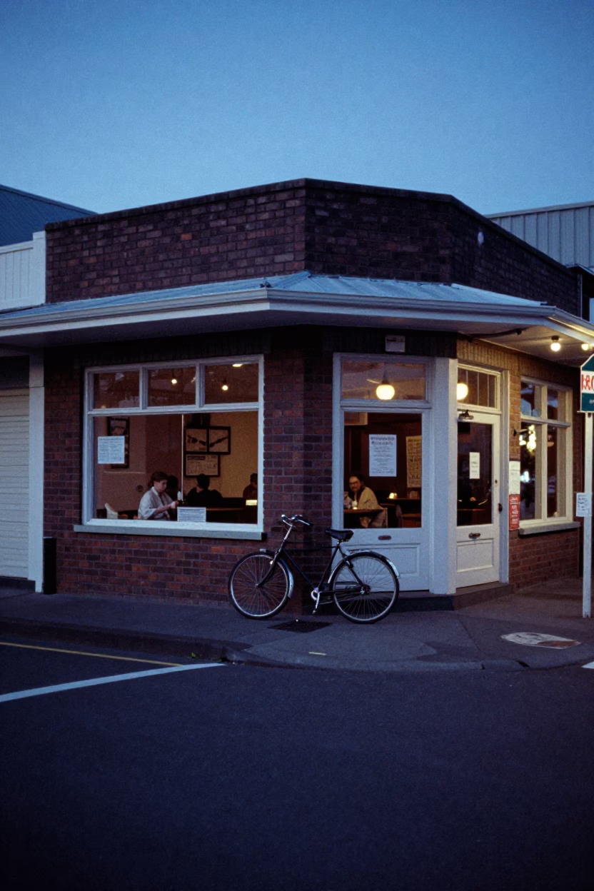 Vintage 1960s Wellington Evening Street Scene with Bicycle and Cafe in in Wellington, New Zealand