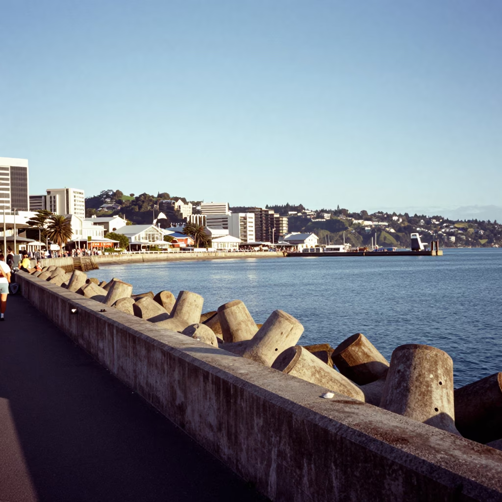Vintage 1960s Wellington Harbor Scene with Breakwater and Fading Blue Sky in in Wellington, New Zealand