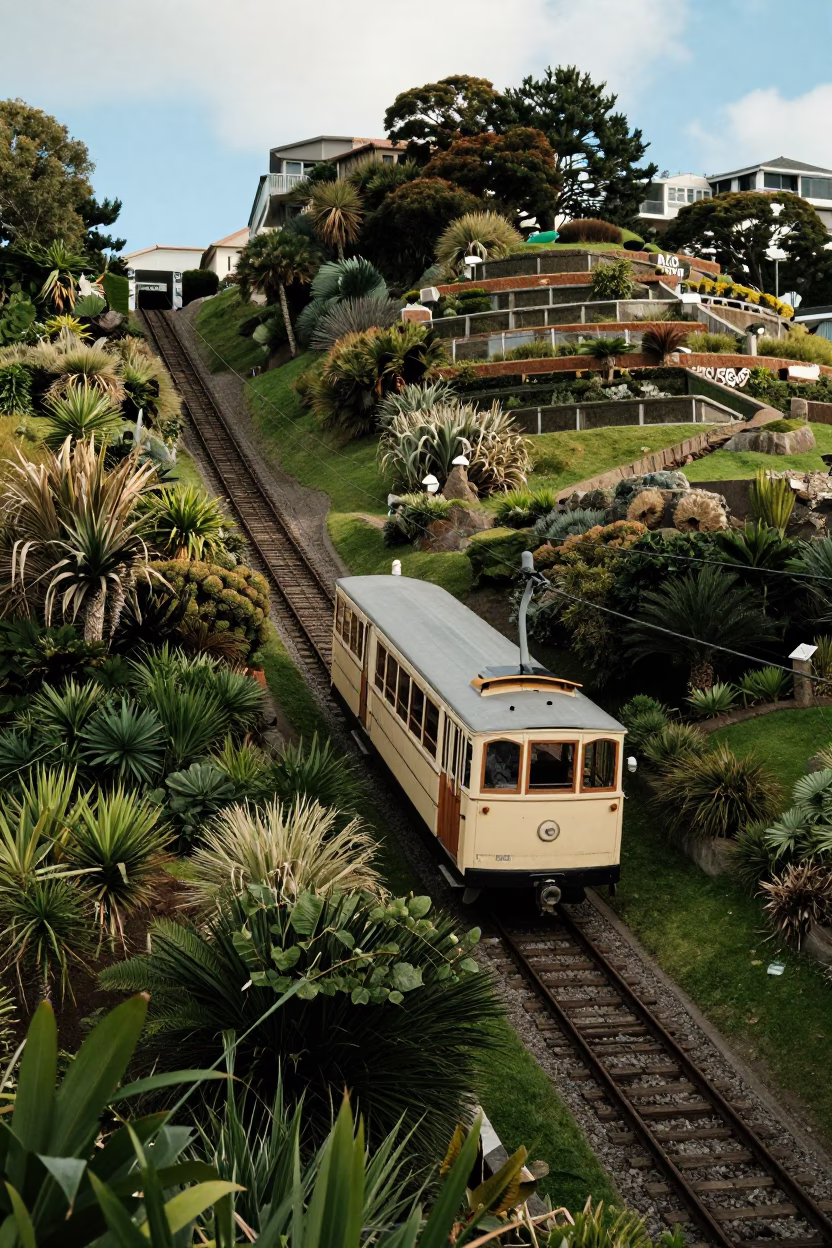 Vintage 1960s Wellington New Zealand Cable Car Climbing Through Terraced Gardens Afternoon in in Wellington, New Zealand