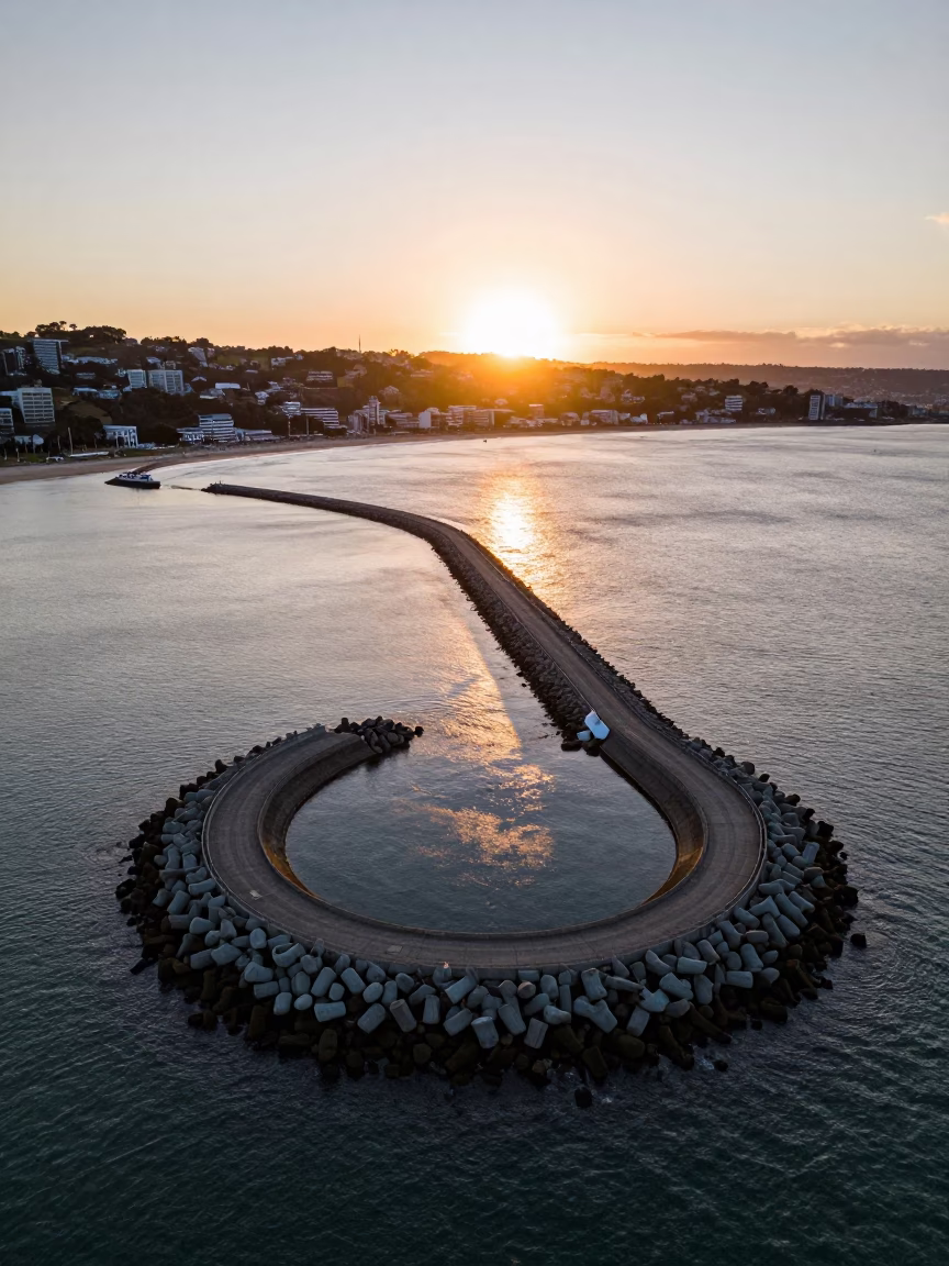 Vintage 1960s Wellington New Zealand Harbor Breakwater Spiral Aerial View Sunset in in Wellington, New Zealand