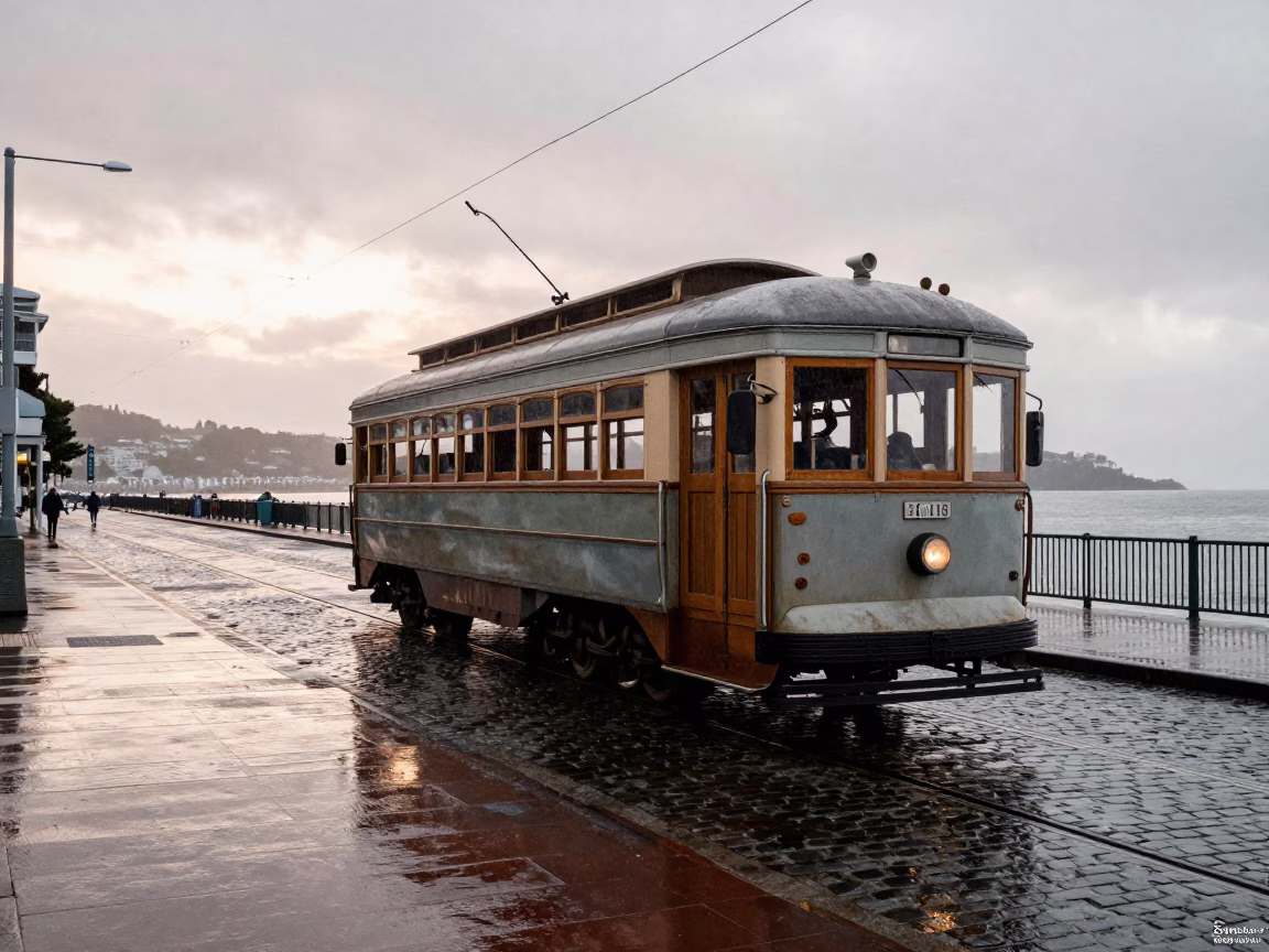 Vintage 1960s Wellington New Zealand Heritage Tram on Rain Swept Coastal Promenade at Dawn in in Wellington, New Zealand