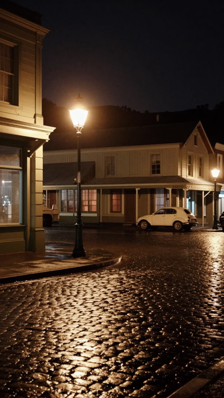 Vintage 1960s Wellington Night Street Scene with Cobblestones and Gas Lamp in in Wellington, New Zealand