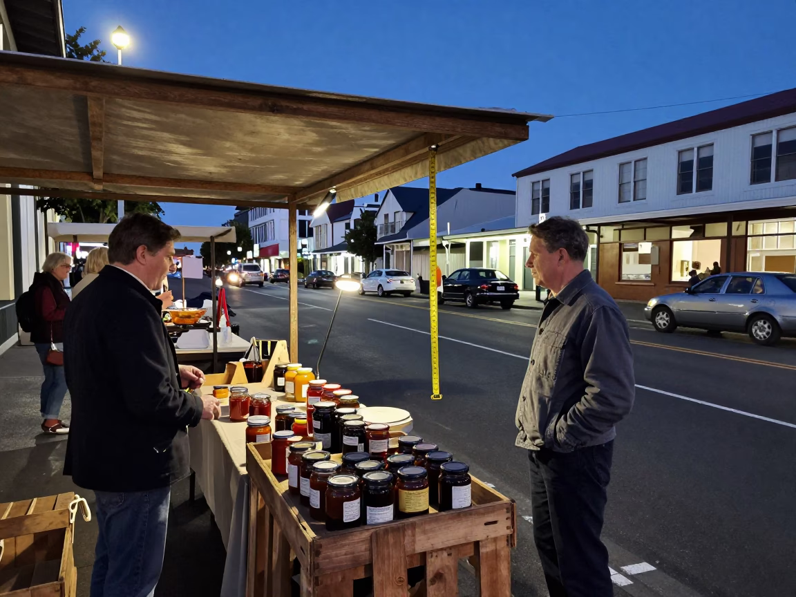 Vintage 1960s Wellington Street Scene Twilight Market Stall with Local Goods in in Wellington, New Zealand