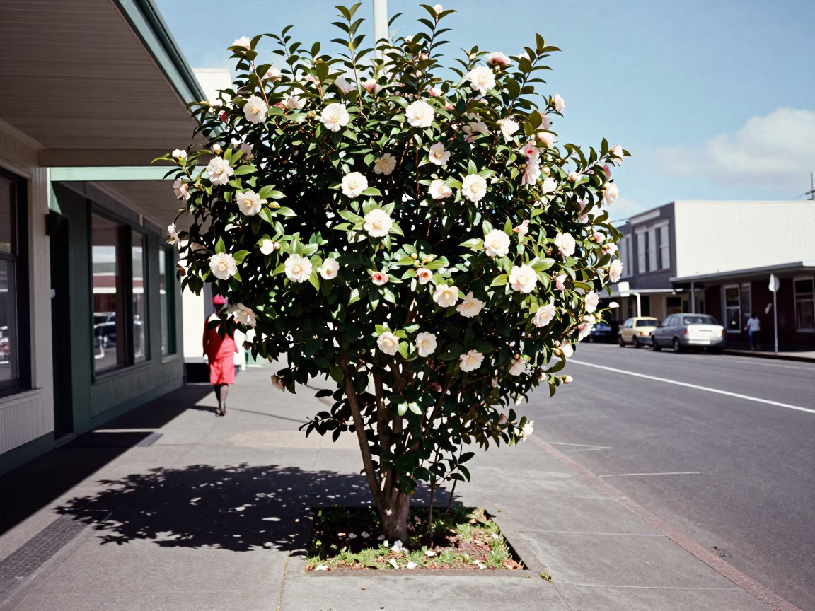 Vintage 1960s Wellington Street Scene with Camellia Bush and Beach Towels in in Wellington, New Zealand