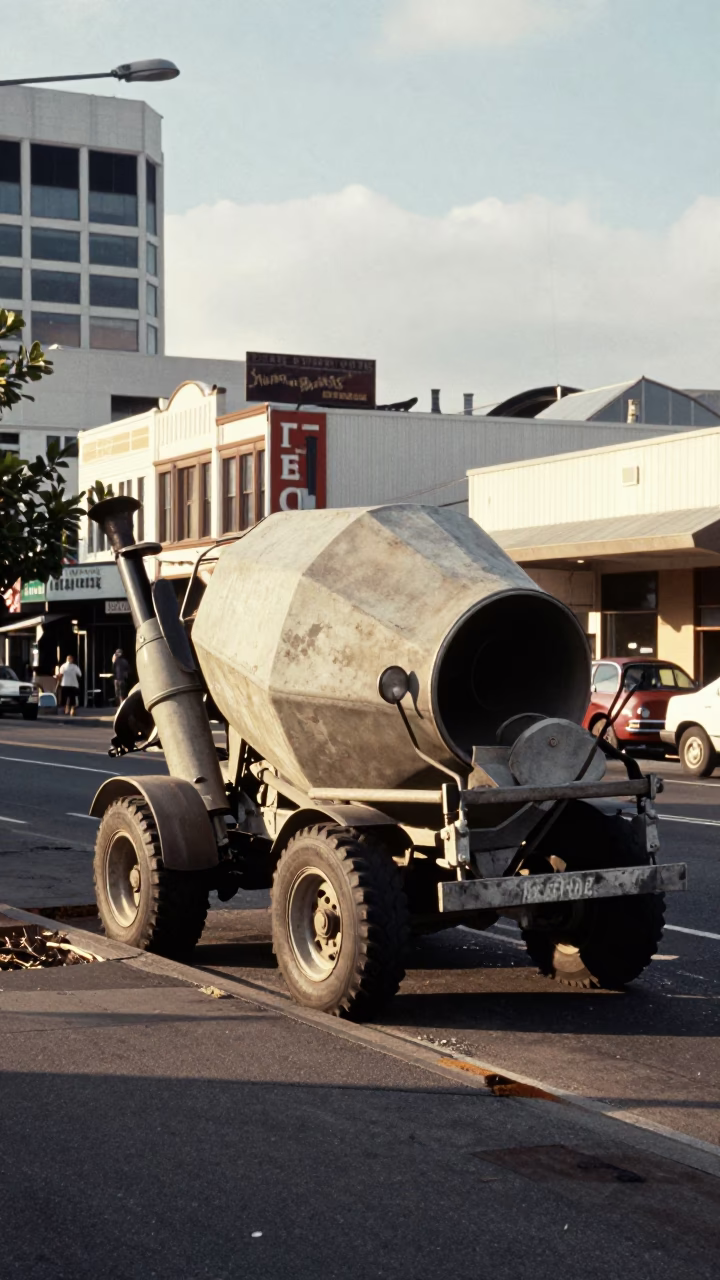 Vintage 1960s Wellington Street Scene with Cement Mixer and Hydrangea Bush in in Wellington, New Zealand