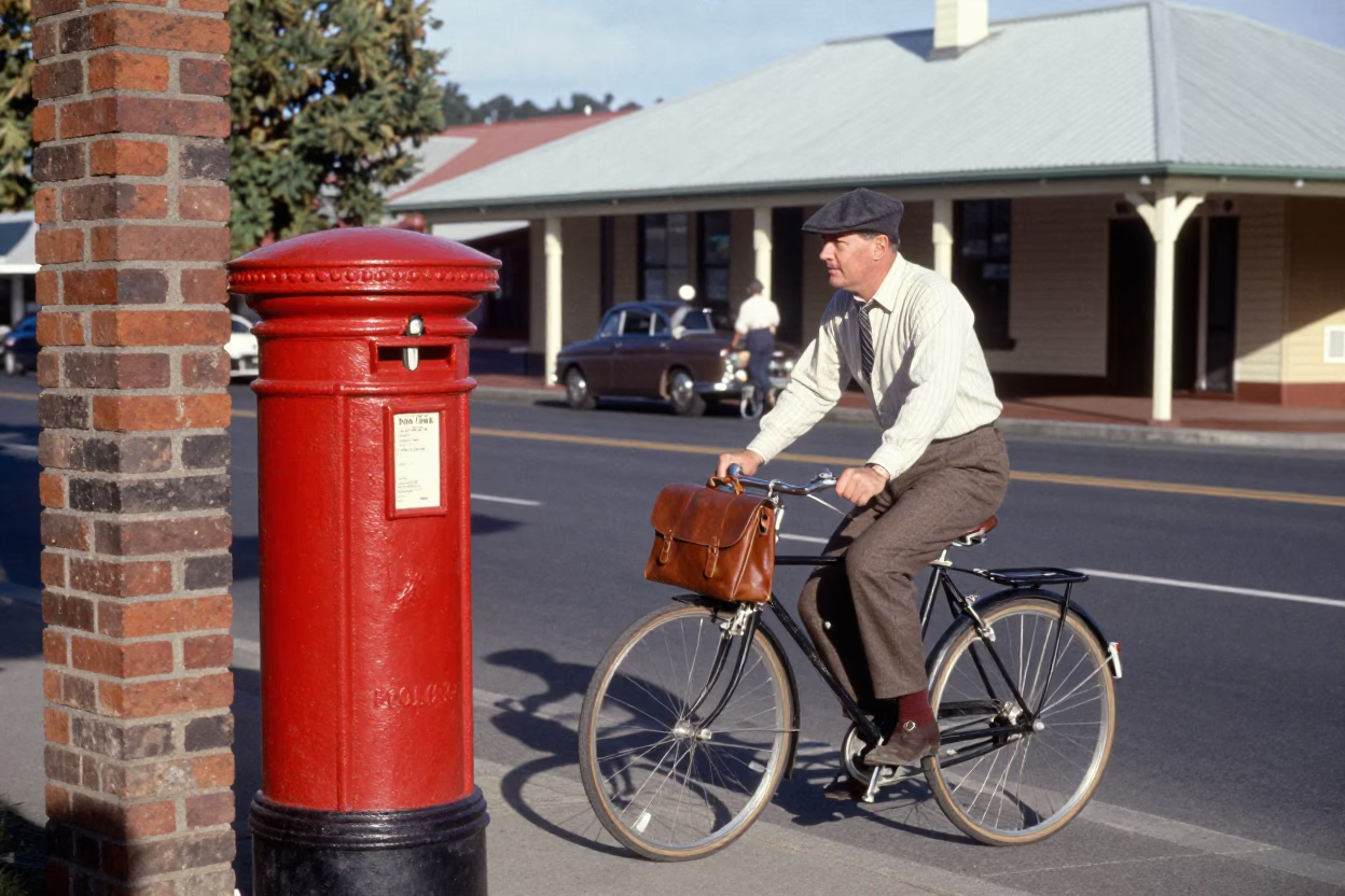 Vintage 1960s Wellington Street Scene with Cyclist and Colonial Architecture in in Wellington, New Zealand