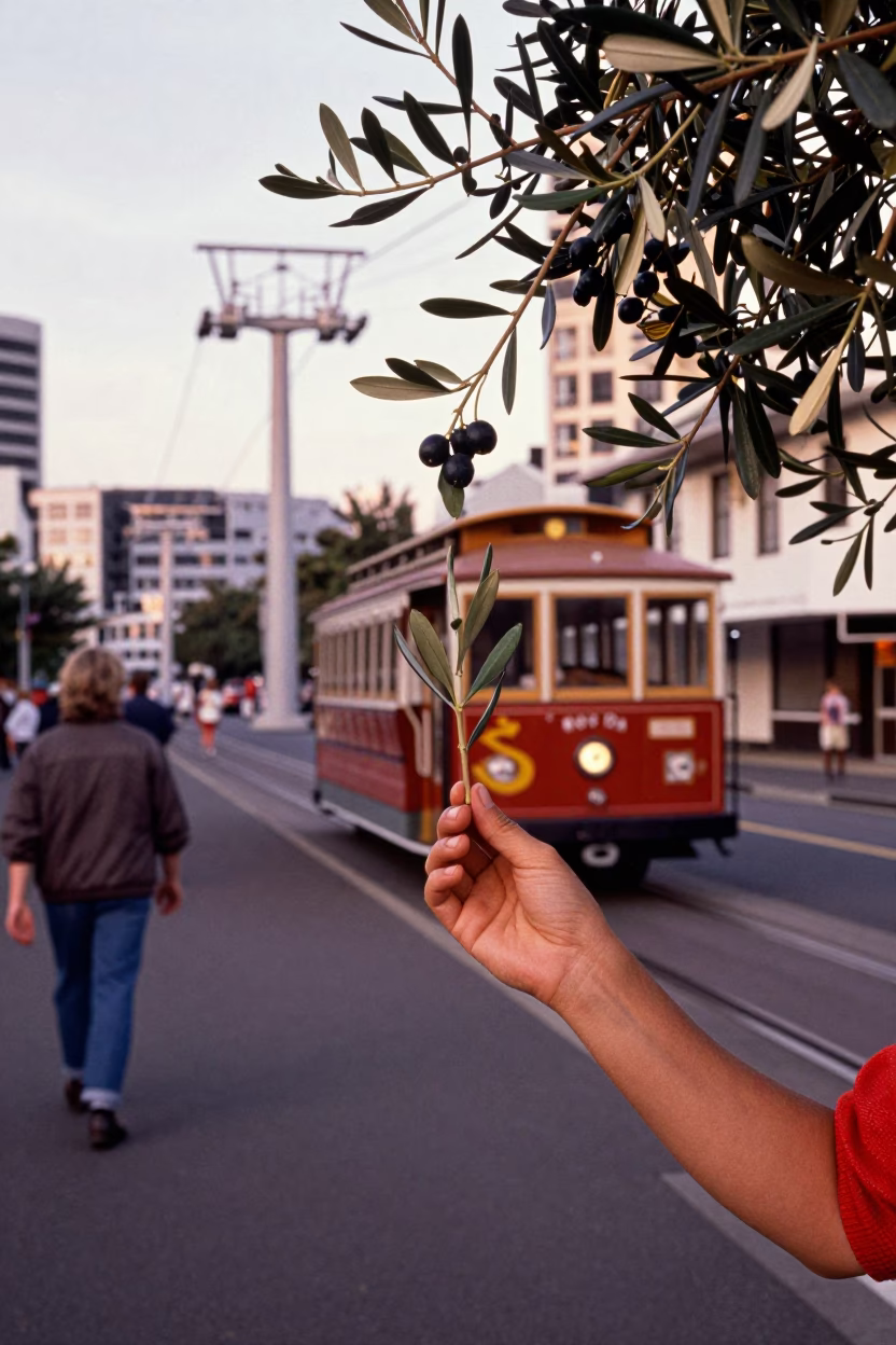 Vintage 1960s Wellington Street Scene with Olive Branch in Copper Dusk Light in in Wellington, New Zealand