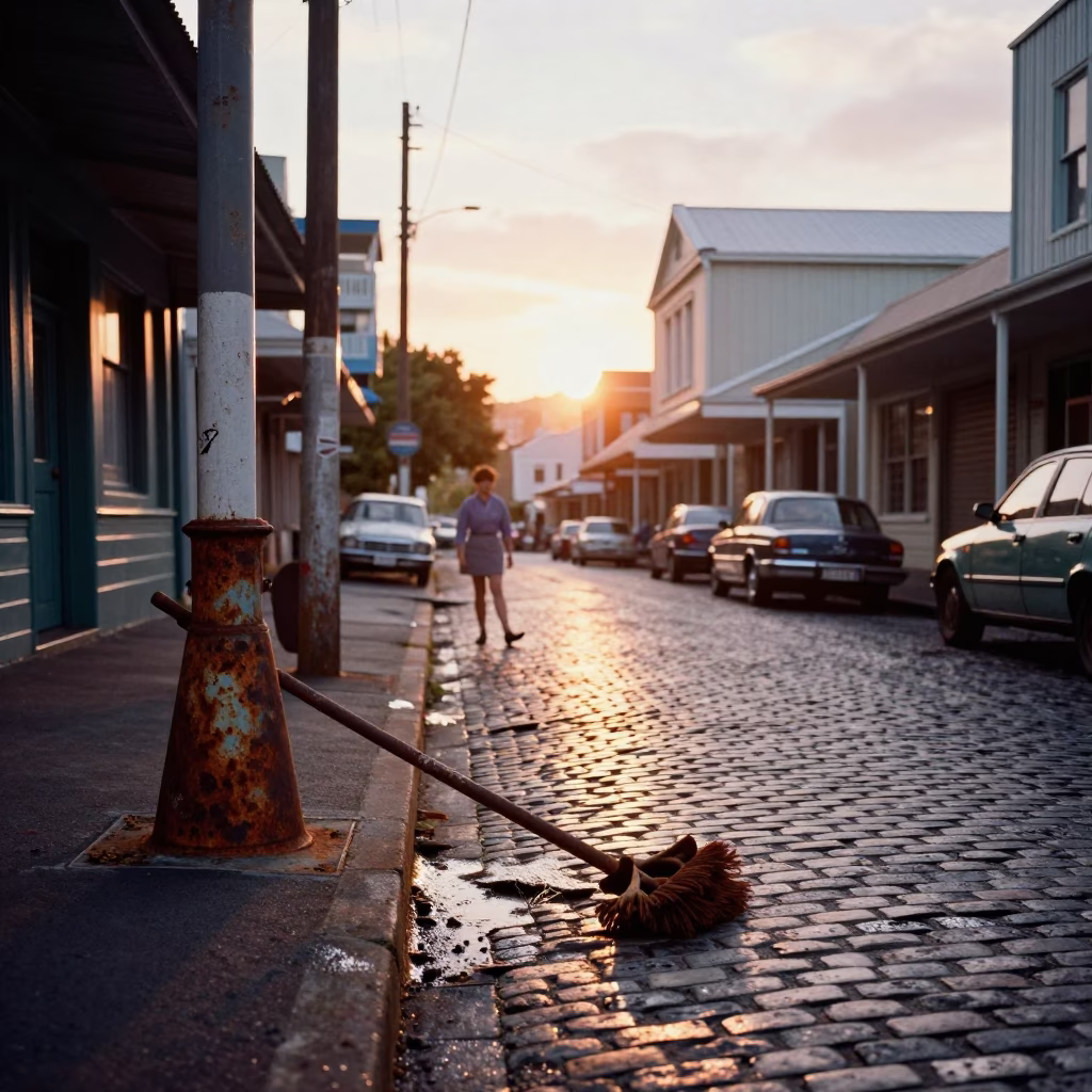 Vintage 1960s Wellington Street Scene with Rusty Mop and Mail Boat at Sunset in in Wellington, New Zealand