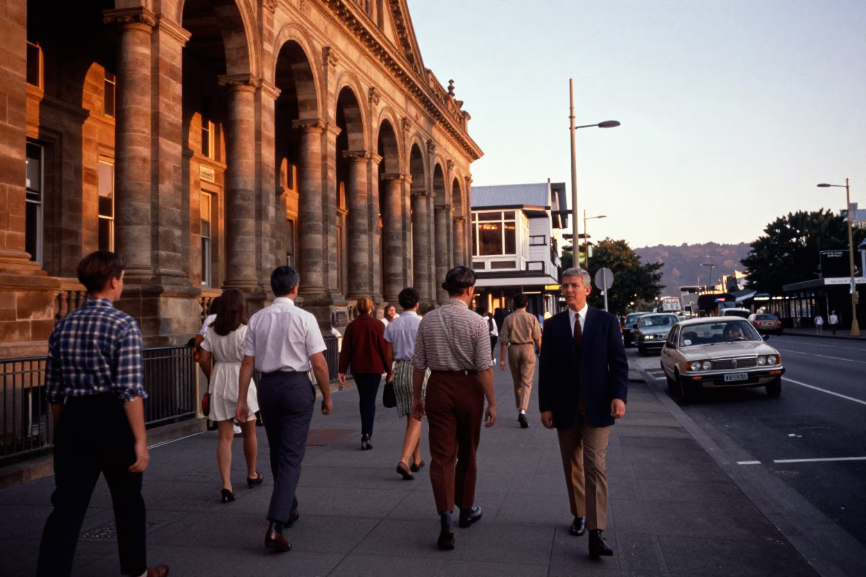 Vintage 1960s Wellington Street Scene with University Arcade and Sunset Light in in Wellington, New Zealand