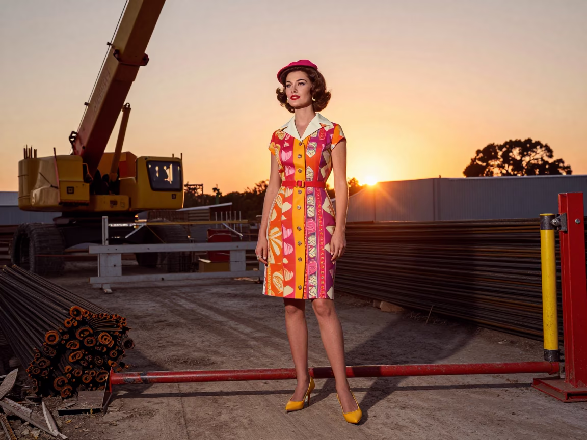 Vintage 1960s Wellington Sunset Fashion Portrait with Construction Site Background in in Wellington, New Zealand