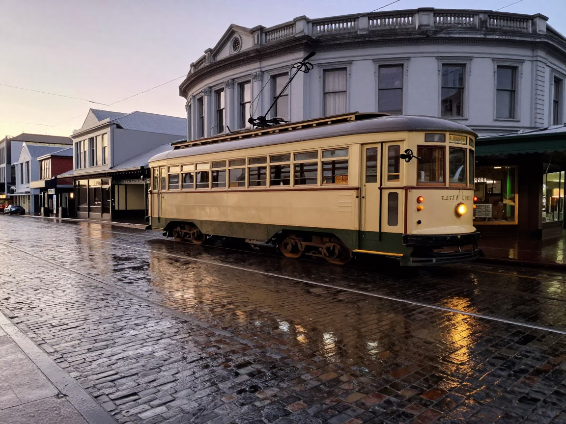 Vintage 1960s Wellington Tram Reflected in Dawn Rain on Cobblestone Street in in Wellington, New Zealand