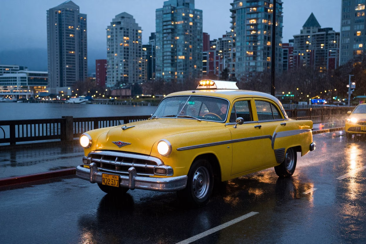Vintage 1960s Yellow Taxi in Rainy Vancouver Harbor with City Lights Glowing in in Vancouver, British Columbia, Canada