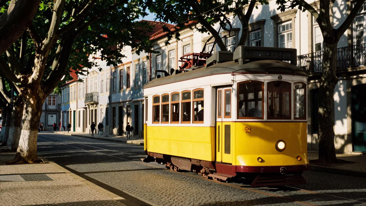 Vintage 1960s Yellow Tram on Tree Lined Porto Street Late Afternoon in in Porto, Portugal