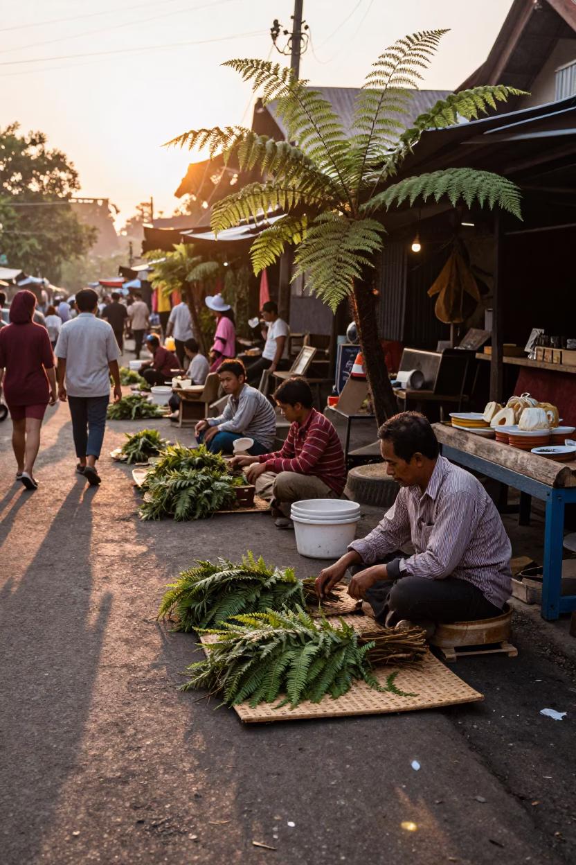 Vintage 1960s Yogyakarta Street Scene at Sunset with Ferns and Glass Bottles in in Yogyakarta, Indonesia
