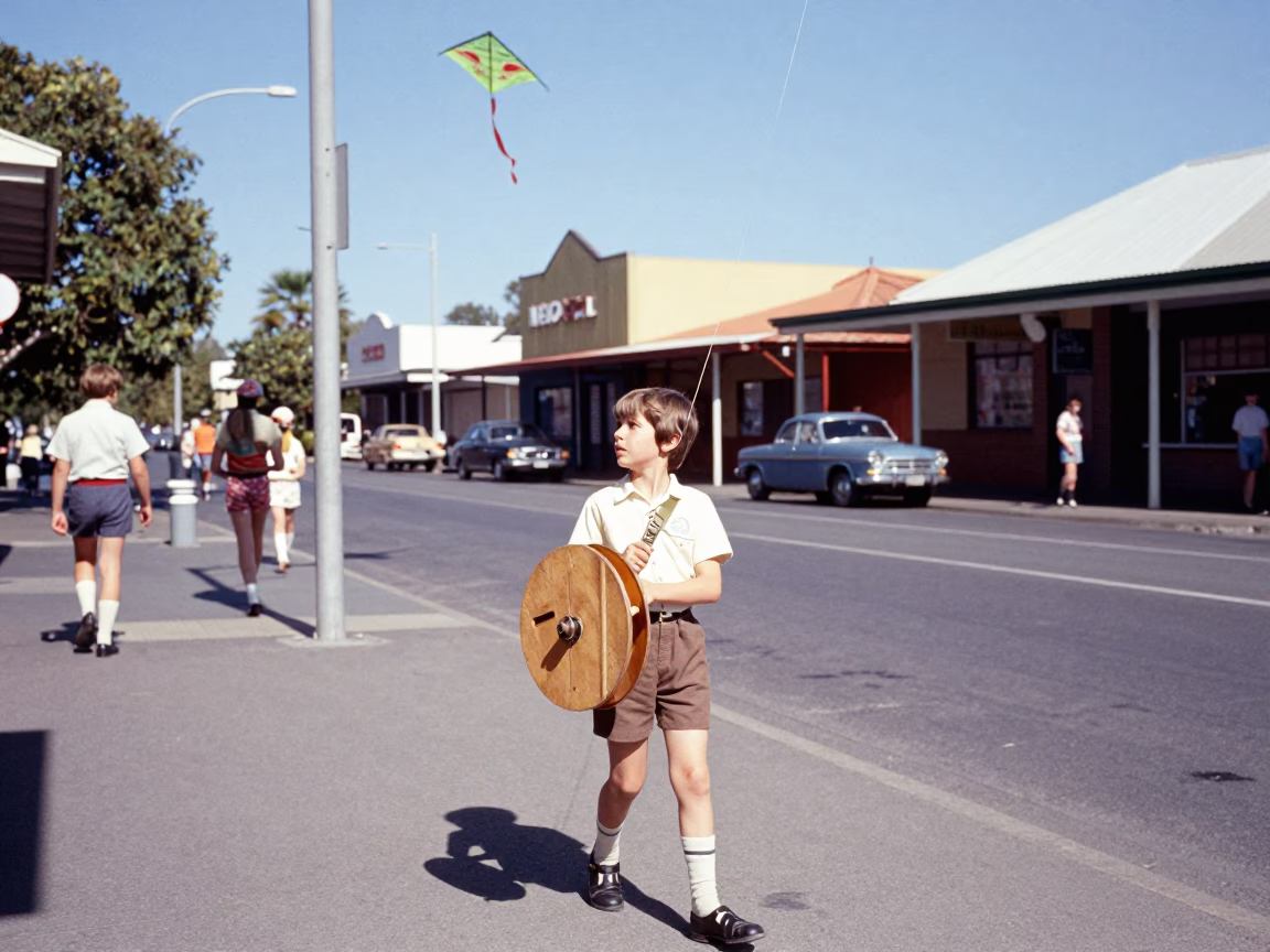 Vintage 1970s Adelaide Street Scene with Kite Reel and Spool of Thread in in Adelaide, South Australia, Australia