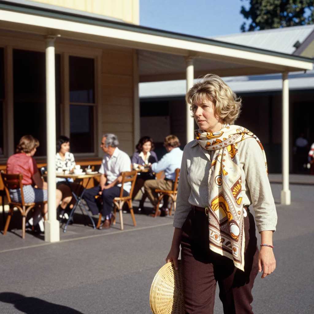 Vintage 1970s Adelaide Street Scene with Scarf and Rattan Chair in Late Morning Sunlight in in Adelaide, South Australia, Australia